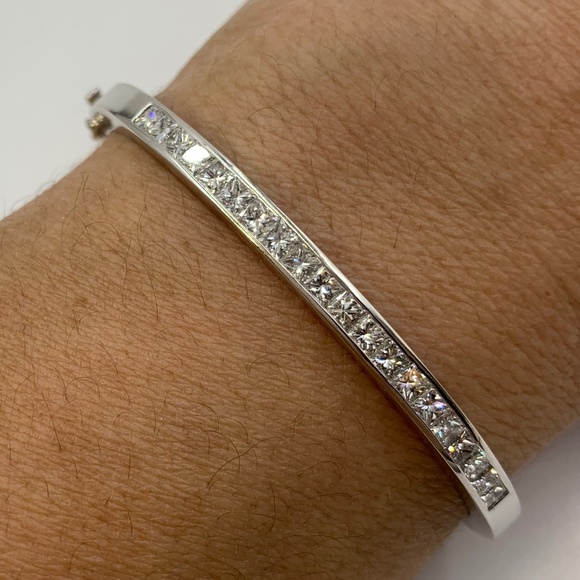 14K White Gold Princess Cut Diamond Bangle Bracelet - Picture 11 of 15